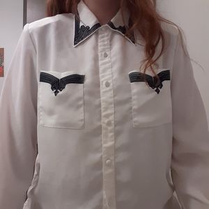 White Button Down Dress Shirt W/ Black Embroidery